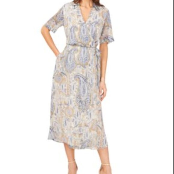 VINCE CAMUTO Paisley Print Wrap Midi Dress Sz XS Blue Yellow V Neck Collared NWT - Picture 1 of 9